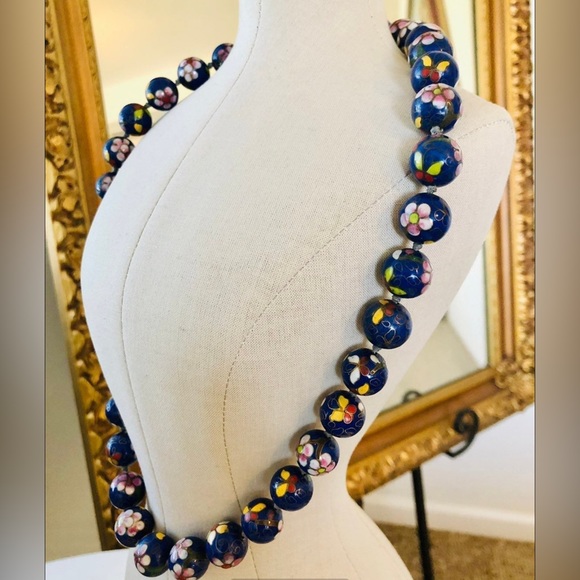 Antique Vintage Blue Cloisonné flower Enamel Jumbo Bead Necklace - Picture 10 of 17